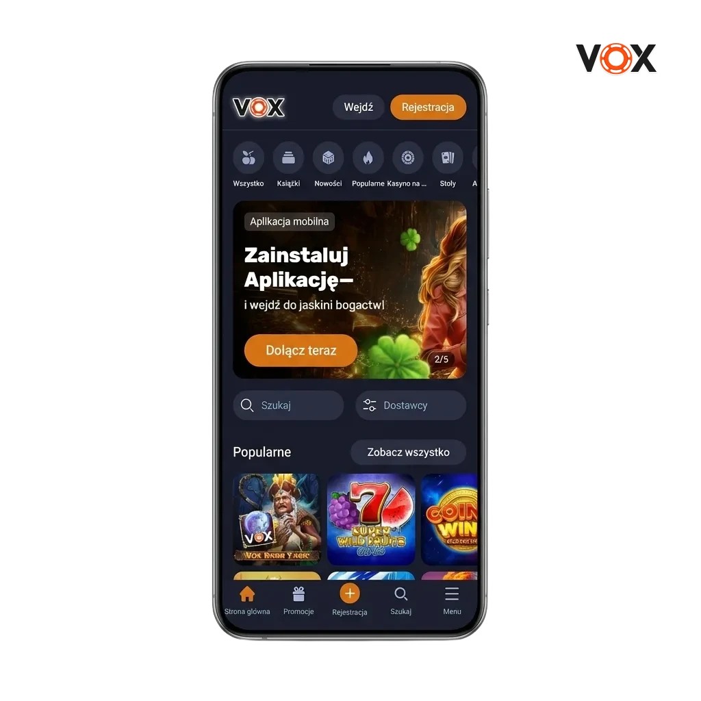VOX casino mobile app download page showing APK for Android and iOS options with welcome bonus details