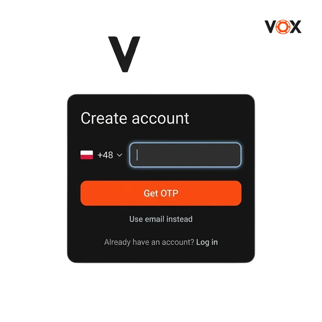 VOX casino registration, login and verification process interface for Polish players with welcome bonus offer