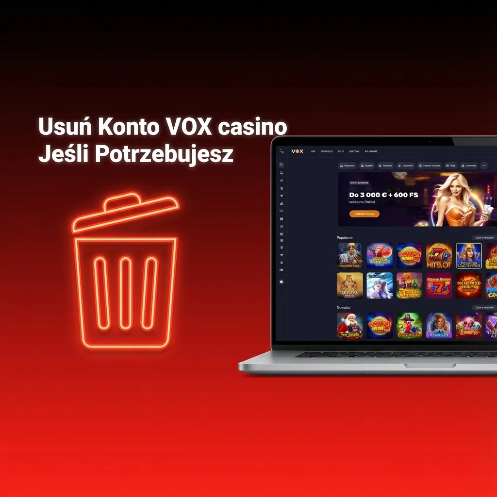 VOX casino account deletion process: login, settings, close account option, and email confirmation steps.