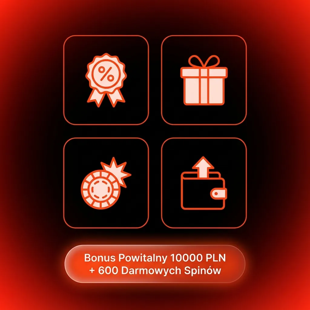 Casino welcome bonus package showing 10,000 PLN and 600 free spins split across four deposits with wagering requirements.