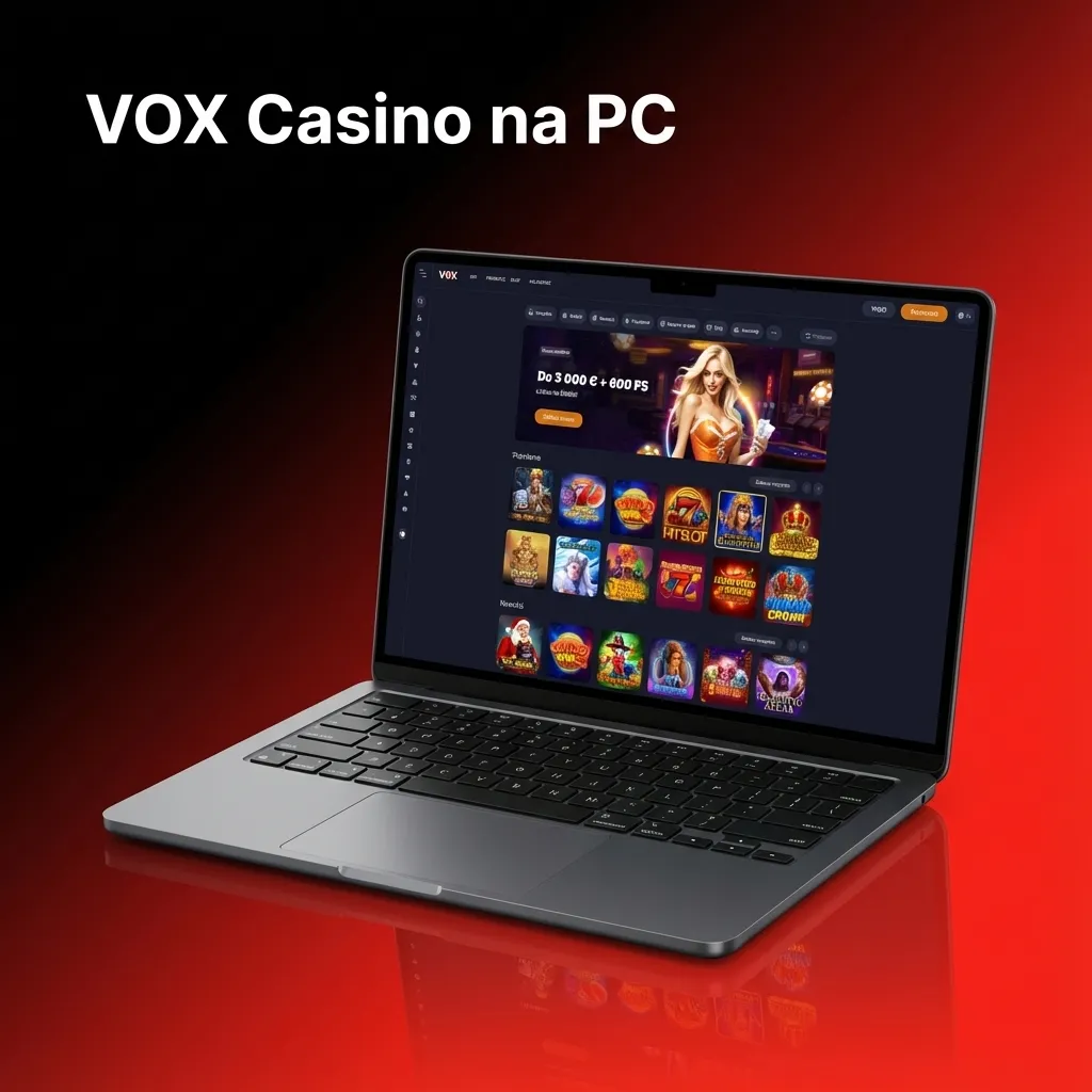 VOX Casino otwarte w przeglądarce internetowej na komputerze PC z widoczną stroną logowania i grami